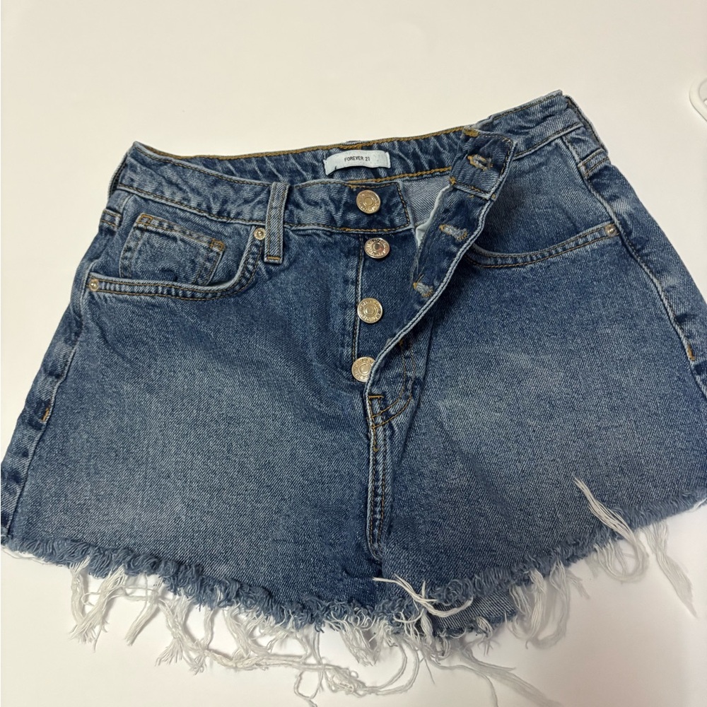 Forever 21 Dark Blue Button-Front Frayed Hem Denim Shorts